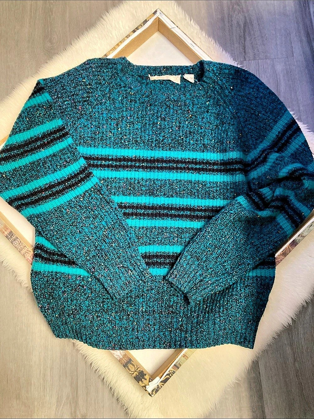 VINTAGE Marled Yarn Speckled Teal Stripe Sweater Y2K Women’s Size L
